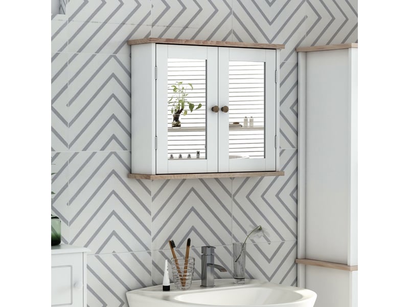 Armoire murale avec miroir pour salle de bain 2 niveaux avec 1 étagère réglable et 2 portes en bois- dim. 56i x 14p x 46h cm - Conforama B