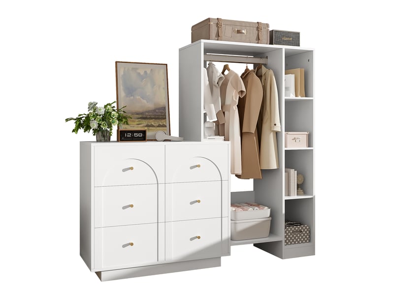  Armoire ouverte avec penderie, 6 tiroirs et étagères latérales pour chambre en panneaux de particules 139×35×133 cm  - Conforama A