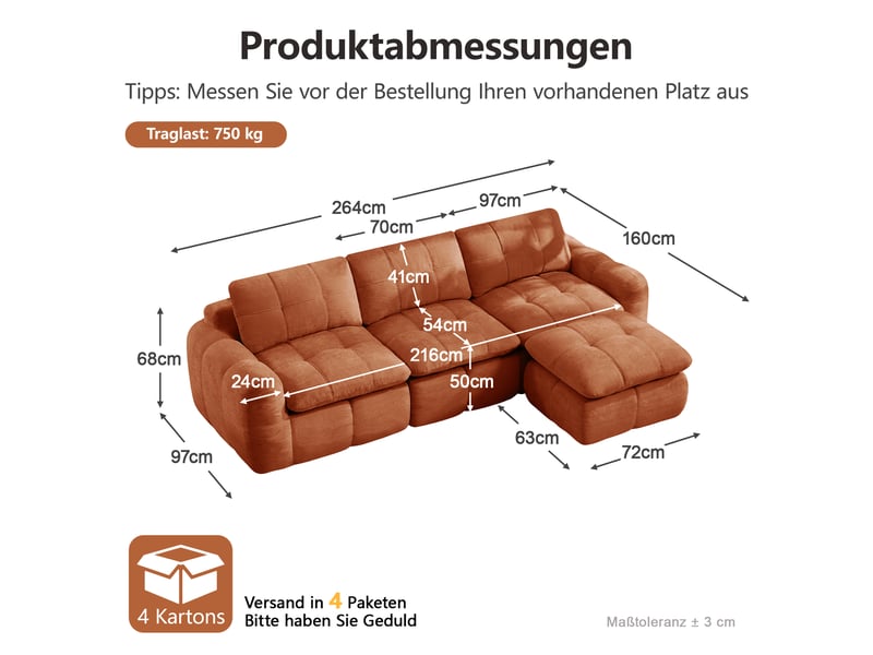 Canapé d’angle modulable 3 places en chenille orange – 264 x 160 x 68 cm Fay Lum - Conforama C