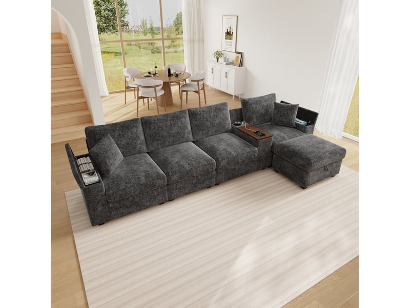 Canapé d’angle modulaire 5 places en chenille gris avec ottomane et rangement - Conforama E