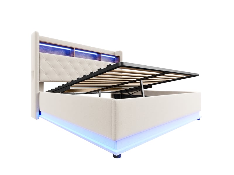 Lit coffre adulte 180x200 cm – beige – led multicolores, port usb et rangement hydraulique – sans matelas - Conforama D