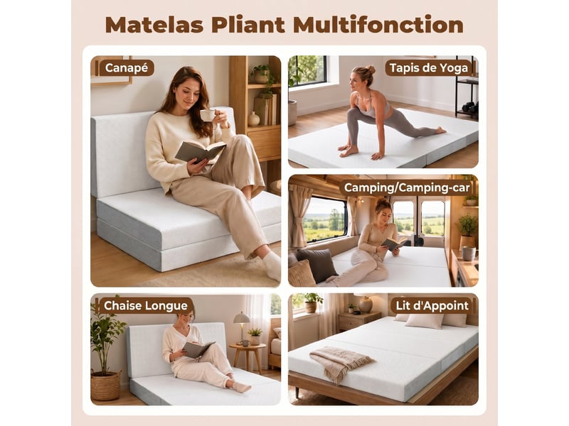 Matelas pliant en 3 parties, 140x190x15cm, blanc, matelas d'appoint en mousse à mémoire de forme au gel  - Conforama W