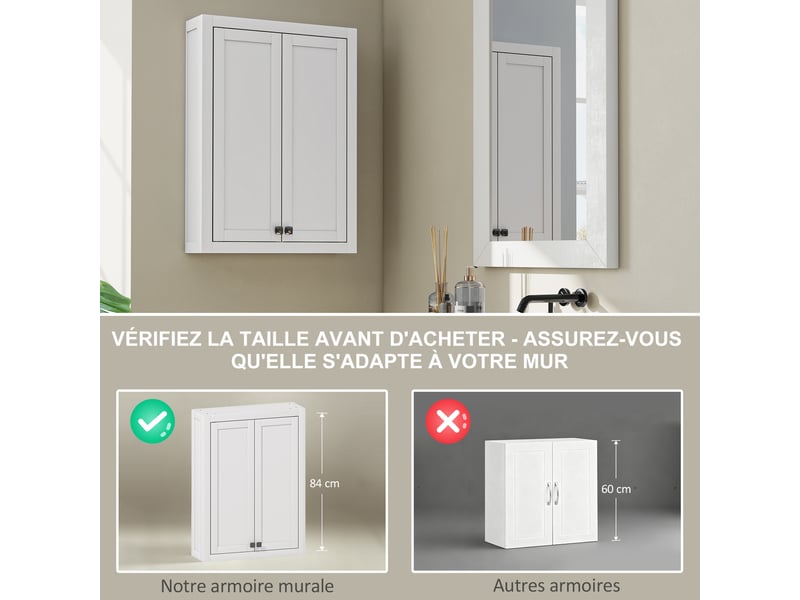  Armoire murale de salle de bain 2 portes et étagères blanc 61 x 20 x 84 cm  - Conforama D
