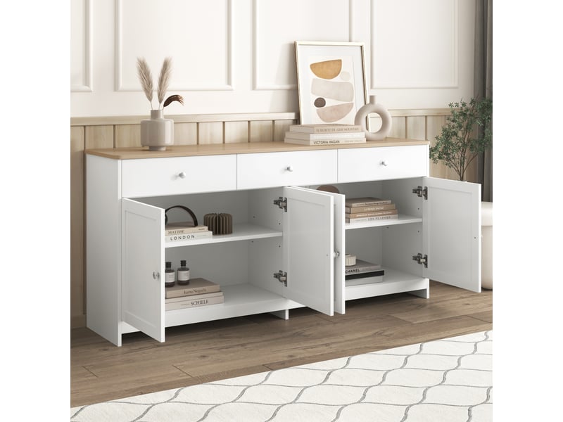 Buffet blanc et bois 160 cm bahut 4 portes 3 tiroirs meuble de rangement style campagne pour salon - Conforama D