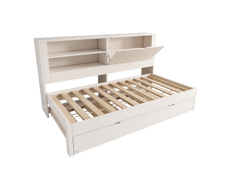  Canapé-lit 90x190 cm blanc avec lit gigogne, rangement, usb-c, étagère, sommier inclus  - Conforama D