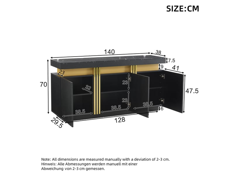 Buffet moderne noir et or 140 cm, bahut 3 portes avec étagères réglables, effet marbre - Conforama C
