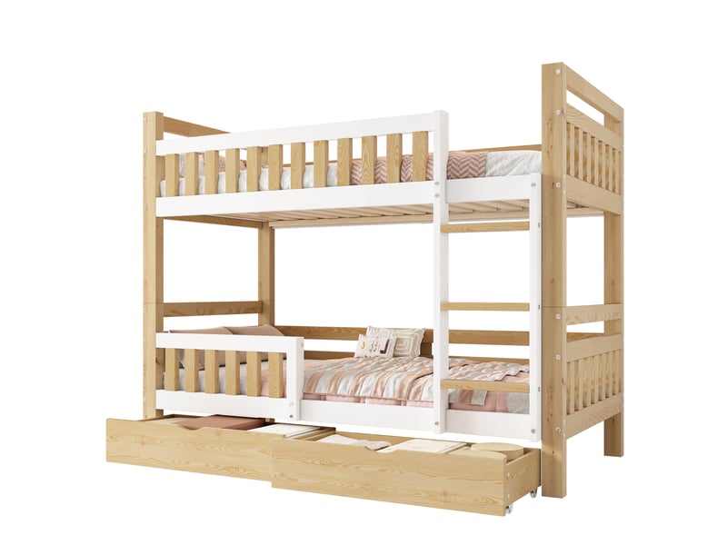  Lit superposé enfant 90x200 cm modulable en 2 lits avec tiroirs, blanc et naturel, sans matelas  - Conforama A