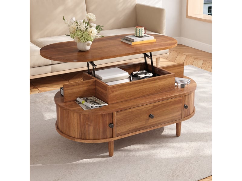  Table basse relevable 105x50x60,5 cm ovale avec rangements coloris noyer  - Conforama E
