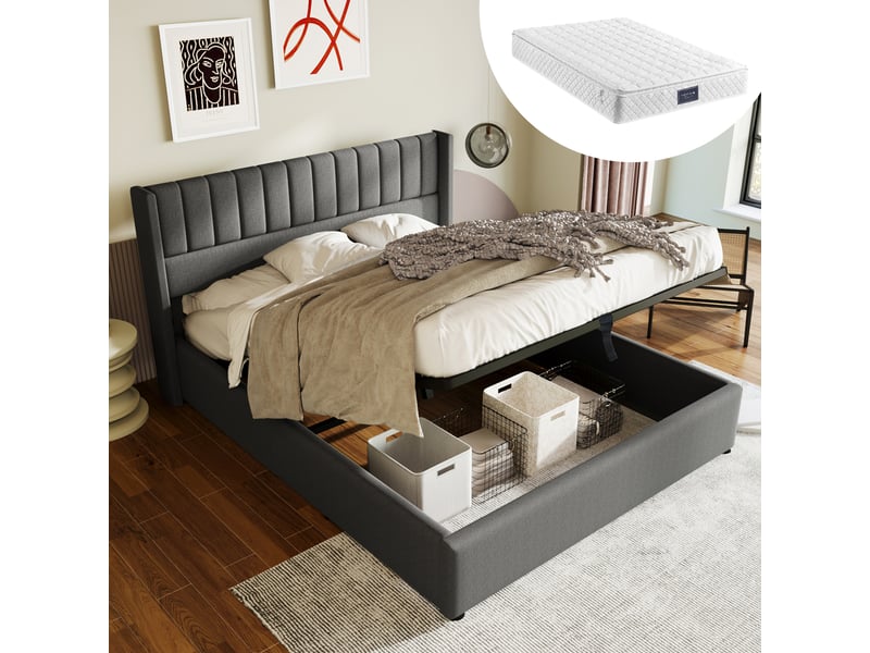  Lit coffre double 160x200 cm, sans tissu en fond, sommier à lattes, design moderne, en lin gris, matelas inclus  - Conforama E
