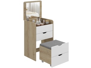 Station de maquillage 3 en 1 avec miroir pliant et tabouret, chêne blanc