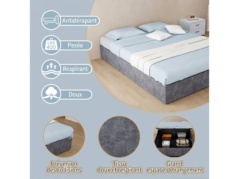  Cadre de lit coffre 140x200 cm gris en velours hollandais sans tête de lit - structure métal robuste  - Conforama D