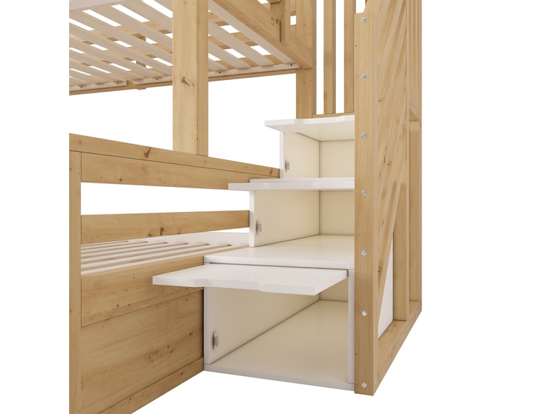  Lit superposé cabane 90x200 et 140x200 cm blanc et chêne avec escalier Fay Lum - Conforama W
