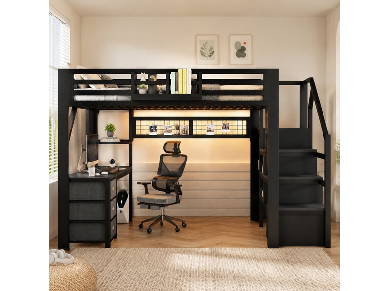  Lit mezzanine 140 × 200 cm 2 places avec bureau, 3 tiroirs, armoire, led et sans matelas, noir  - Conforama C