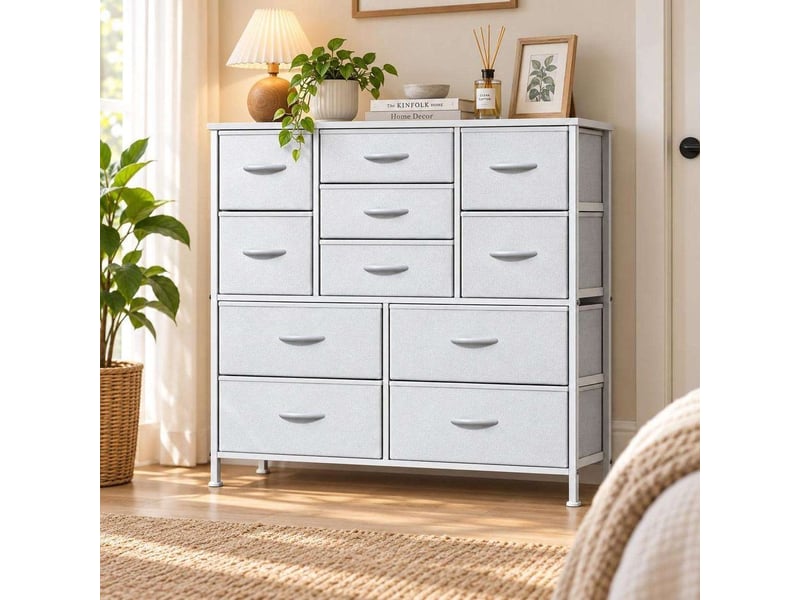  Chiffonnier meuble 100x30x97 cm onze tiroirs tissu blanc et metal blanc chambre  - Conforama B
