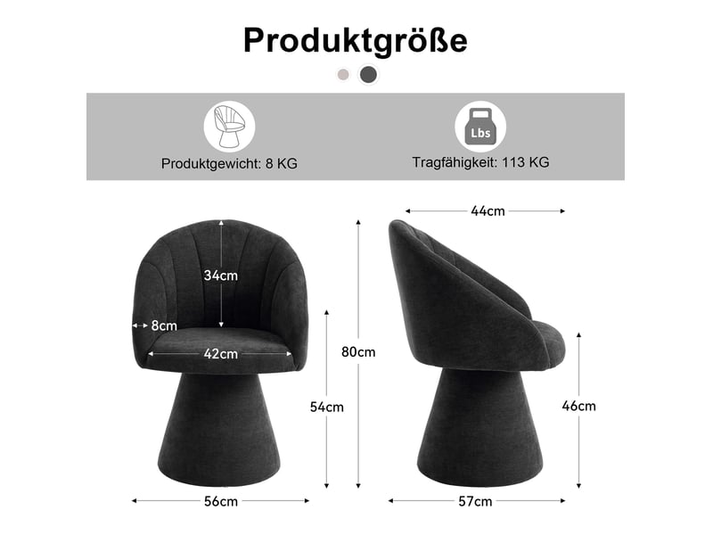  Fauteuil 56x57x80 cm, pivotant 360°, dossier ergonomique, base stable, chaise salle à manger, bois et chenille, gris  - Conforama C