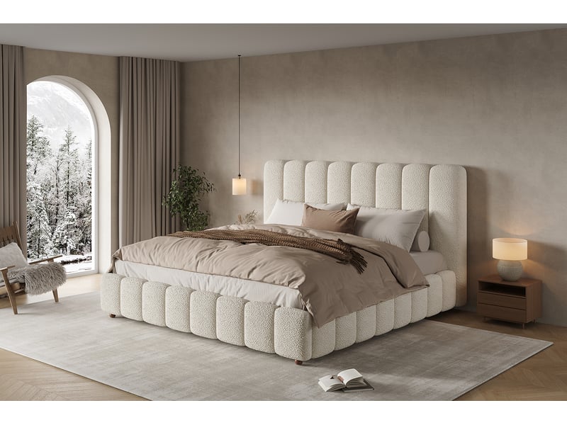  Lit coffre bouclé blanc à tête de lit verticale 160 x 200 cm Fay Lum - Conforama W