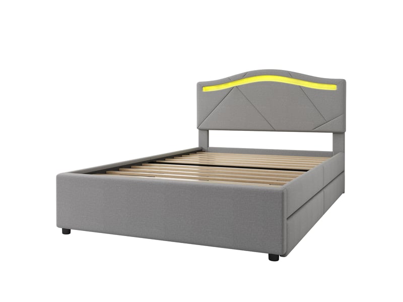  Lit 90x200 cm gris en lin, led, 2 tiroirs, tête de lit réglable, sommier, style minimaliste  - Conforama E