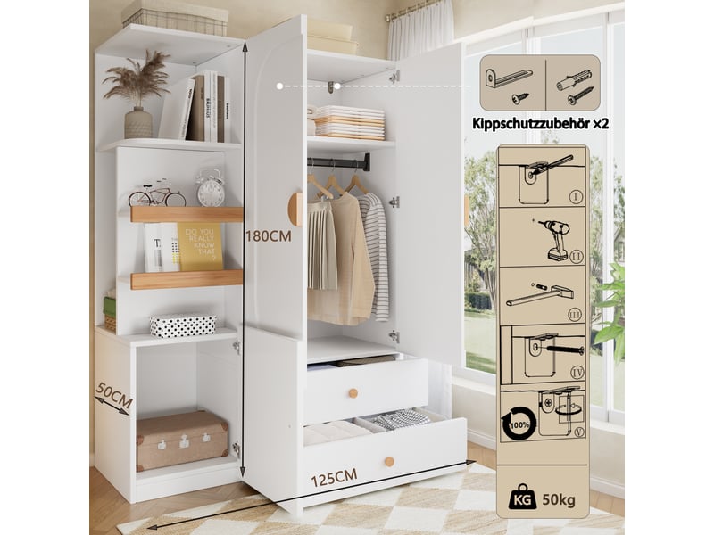  Armoire dressing 125x50x180 cm avec penderie à tringle, 2 tiroirs, étagères ouvertes et rangements fermés, mdf blanc et détails effet bois naturel  - Conforama E