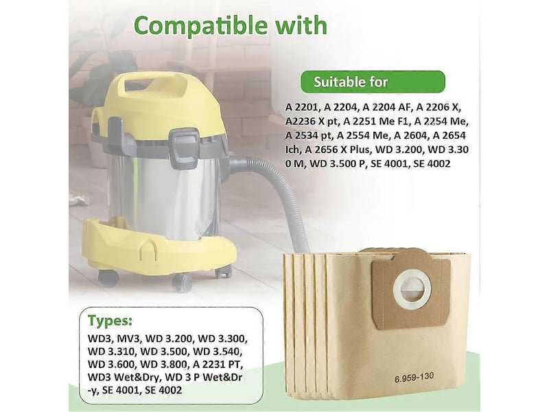  Vacuum cleaner bags for karcher 6.959-130.0, paper filter bags for karcher vacuum cleaner, wd3 1629 mv3 premium 20 pack  - Conforama C