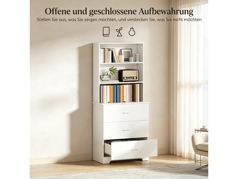  Bibliothèque avec 3 tiroirs et 3 niches ouvertes, base arrondie, pour salon et bureau, en panneau de particules, blanc  - Conforama E