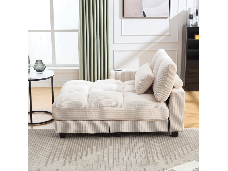  Fauteuil relax 112x140x81 cm avec porte-gobelets et port usb en velours côtelé beige  - Conforama E