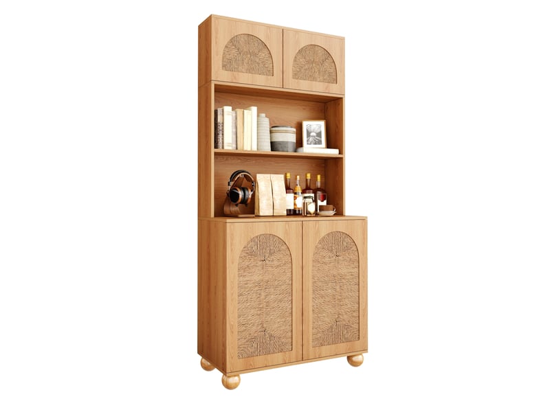  Buffet haut avec 4 portes, niches ouvertes et étagère réglable pour salon, finition naturelle, 80 × 40 × 180 cm  - Conforama A