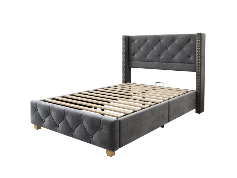  Lit simple 90 x 200 cm cadre de lit tête de lit capitonnage à boutons capitonnage à rivets pieds en bois velours gris  - Conforama D