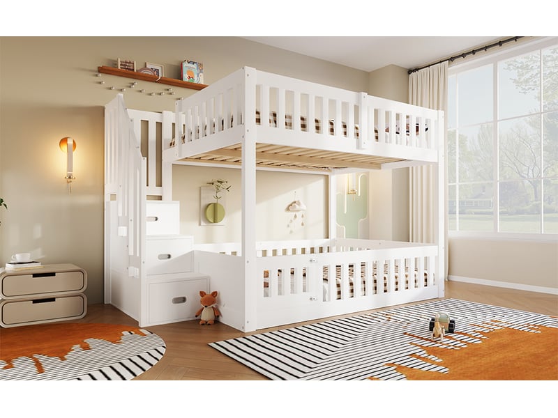  Lit superposé 140x200 cm blanc pin et mdf avec échelle rangement et garde-corps Sol Morn - Conforama D