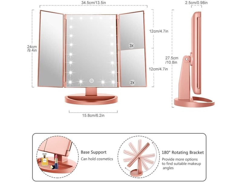  Miroir de maquillage 22 led – grossissement 1x2x3x, tactile, or rose  - Conforama D