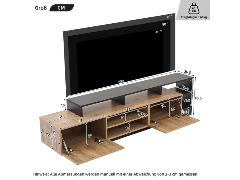  Meuble tv modenvie 190 x 40 x 48,5 cm led usb en panneaux de particules chêne et noir  - Conforama C