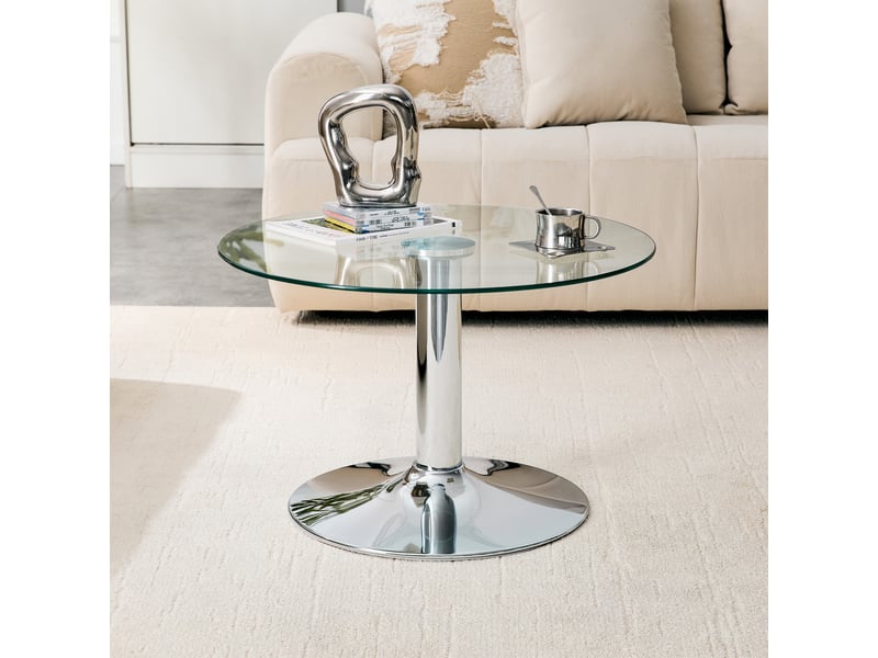  Table basse ronde en verre trempé avec pied central et base lestée stable en métal argenté pour salon 70 × 70 × 45 cm  - Conforama E