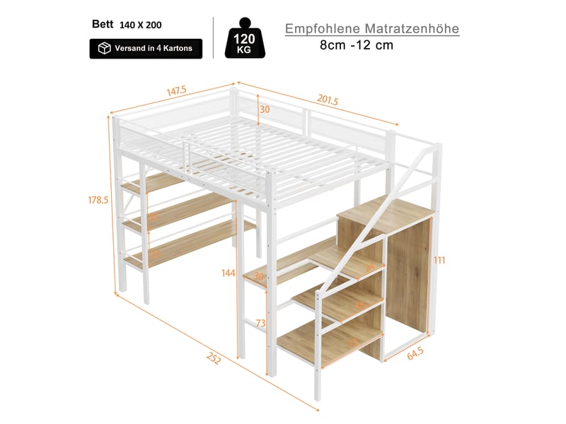 Lit mezzanine 140 x 200 cm blanc avec bureau, étagère et armoire  - Conforama E