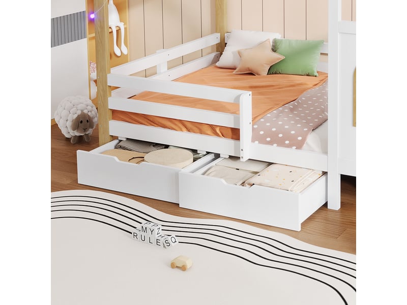  Lit cabane enfant 120 x 200 cm blanc et naturel, fenêtre décorative, barrières, trois tiroirs et guirlande lumineuse  - Conforama E