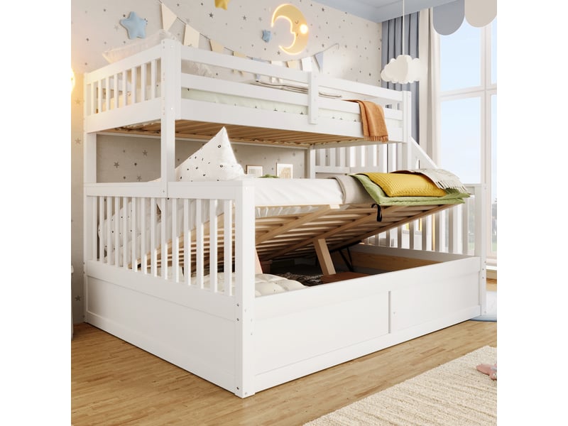 Lit superposé 90x200cm+140x200cm avec rangement hydraulique, échelle de rangement, sans matelas, blanc, pin  - Conforama D