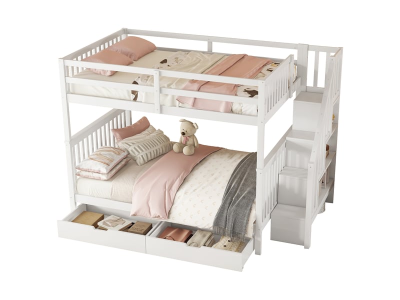 Lit superposé enfant 140x200 cm avec escalier rangement, 2 tiroirs et garde-corps sécurisé, lit en pin et MDF avec rangements intégrés - Blanc Fay Lum - Conforama A