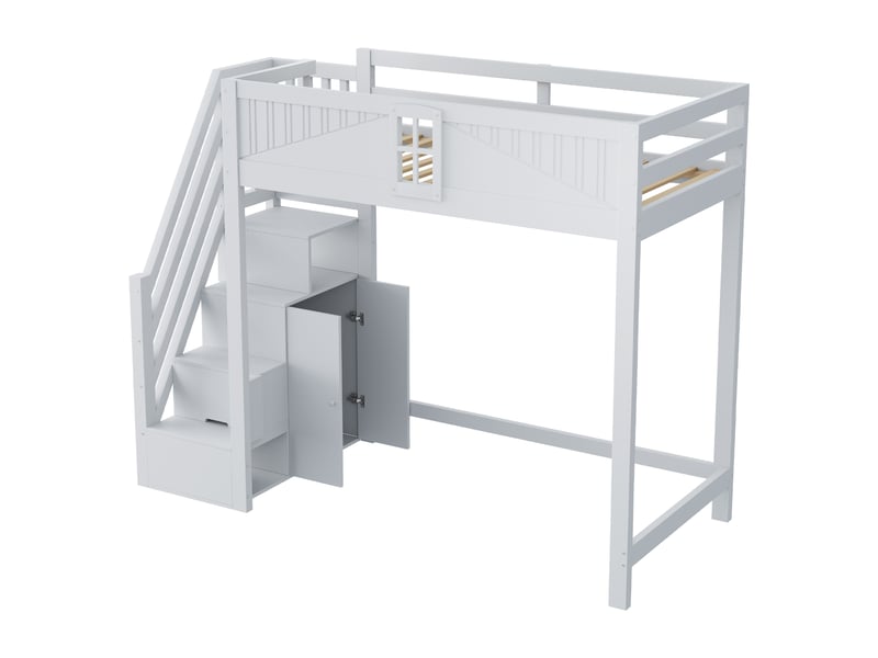  Lit mezzanine en bois massif 90 x 200 cm gris, échelle latérale réversible avec rangement, garde-corps à fenêtre  - Conforama A