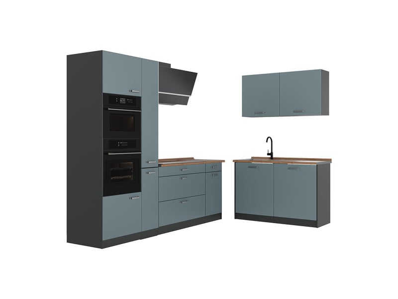 Vicco cuisine en angle, bleu-grisanthracite, 230 x 120 cm plan de travail chêne doré - Conforama A