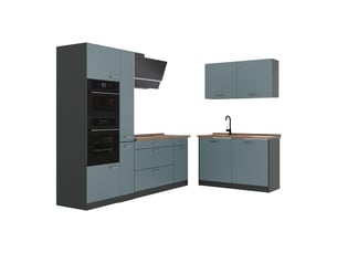 Vicco cuisine en angle, bleu-grisanthracite, 230 x 120 cm plan de travail chêne doré
