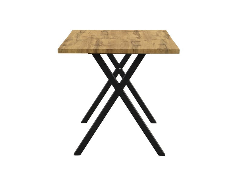  Table à manger table basse l140 x p80 x h76 cm pieds croisés design minimaliste plateau mdf pieds métal finition chêne  - Conforama E