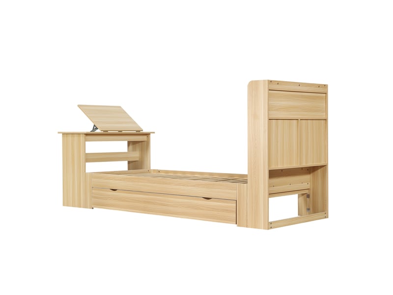  Lit simple enfant 90x200 cm – naturel – rangement, tiroir réversible et table rabattable – sans matelas  - Conforama D