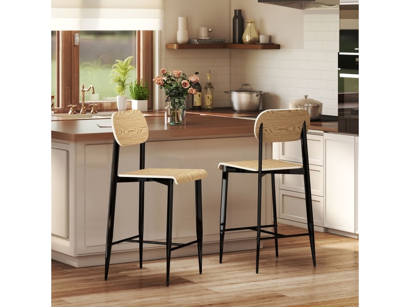  Tabourets de bar lot de 2 avec repose-pieds - lpospi - structure en acier, style industriel, bois naturel et noir  - Conforama C