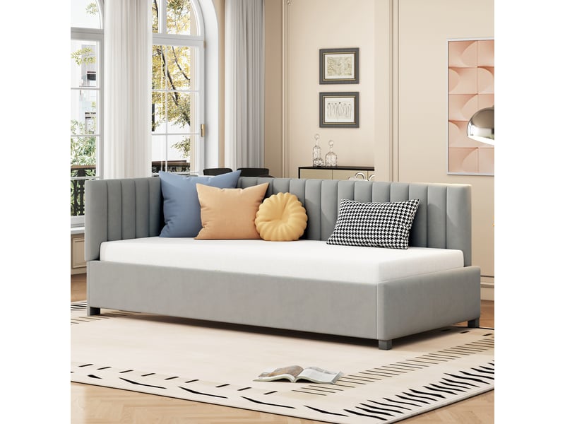  Lit simple canapé-lit 90x200 cm multifonctionnel avec sommier, velours, gris, sans matelas  - Conforama B
