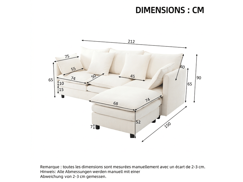  Canapé d'angle en l beige 3 places avec méridienne 212 x 150 x 90 cm chenille et coussins inclus  - Conforama C
