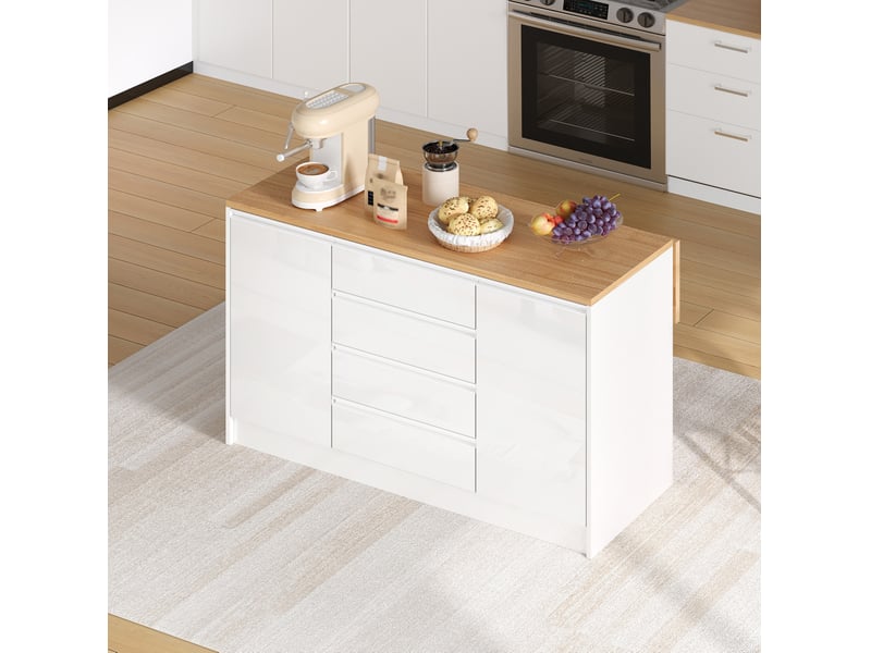 Desserte de cuisine 140x80x90 cm avec plan de travail extensible, 4 tiroirs, 2 armoires, mdf, blanc et naturel - Conforama D