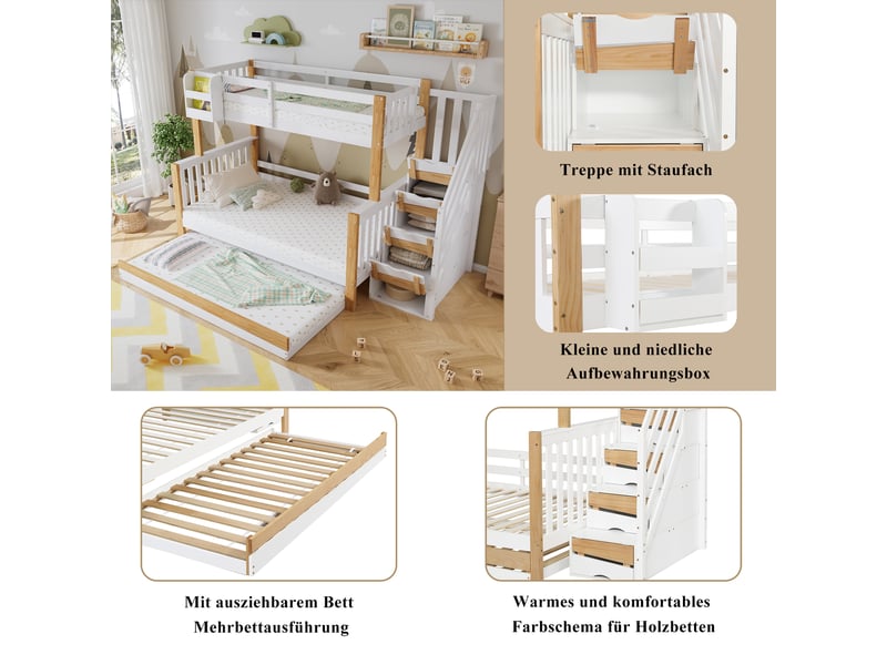  Lit superposé enfants blanc et bois, avec rangement escalier et sommier à lattes, dimensions 90x200 &amp; 120x200 cm  - Conforama E