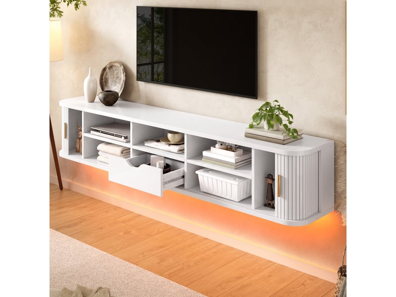  Meuble tv 175x30x30 cm - éclairage led - grand rangement - étagères réglables - mdf - mobilier fonctionnel - design moderne - blanc et bois naturel CozyNest - Conforama C