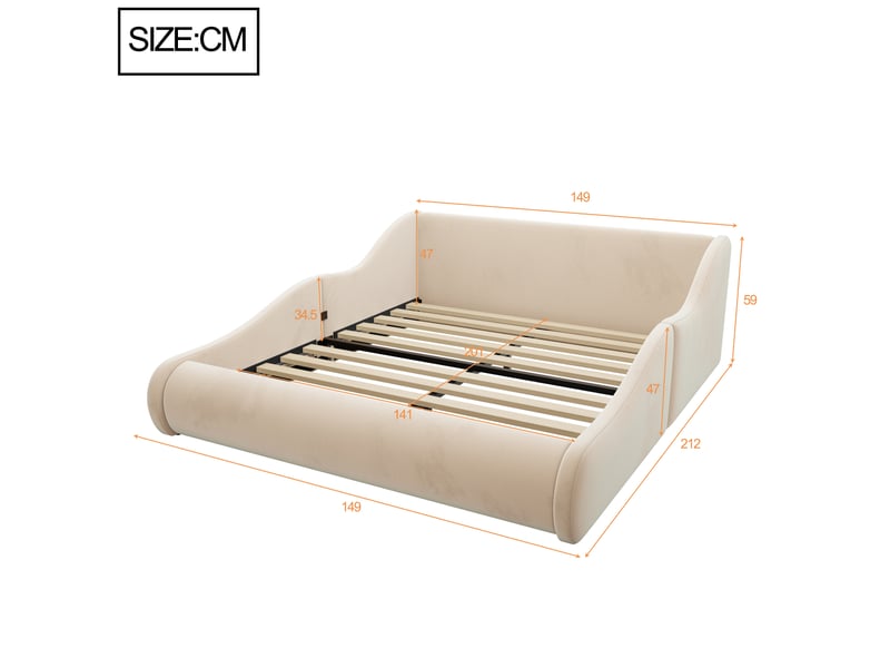  Lit 2 places 140x200 cm - lit rembourré en velours avec tête de lit haute et barrières de sécurité - beige  - Conforama C