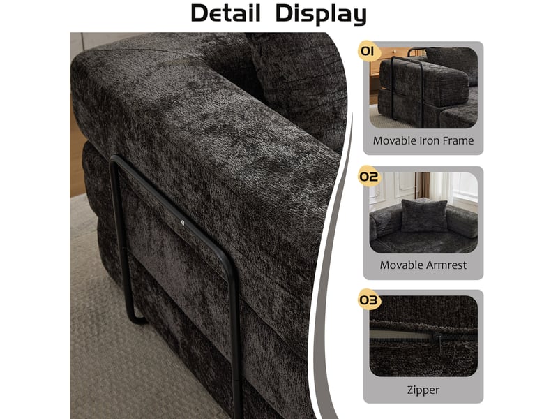  Canapé d'angle, canapé convertible, en tissu chenille, noir, pour salon, mobilier pour espace de vie, chambre  - Conforama E