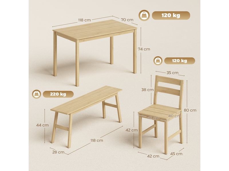  Ensemble de salle à manger en bambou, table à manger avec 2 chaises et banc pour 4 personnes, bois naturel  - Conforama E