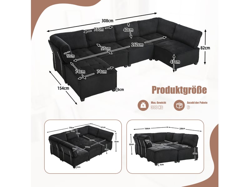  Canapé modulaire 6 places 308x154x81,99 cm structure bois et métal noir  - Conforama E
